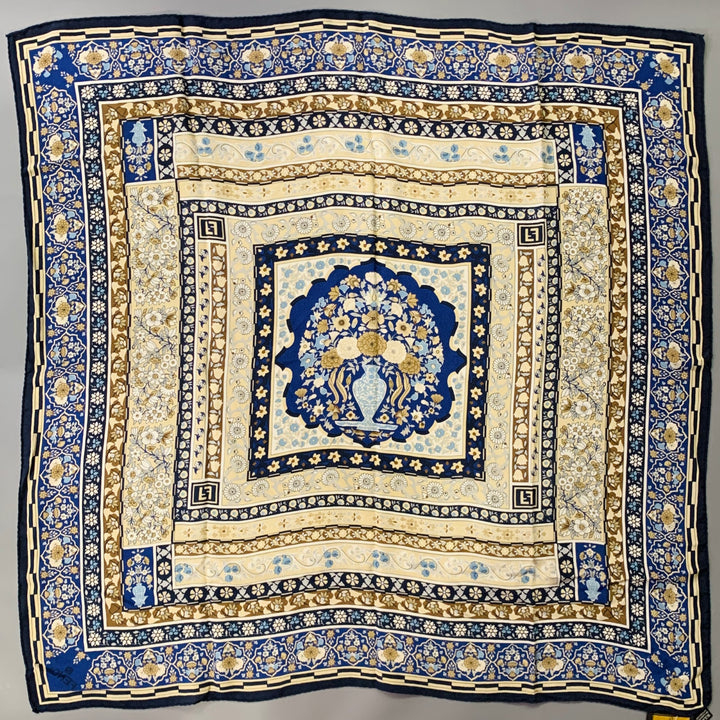 FENDI Blue Beige Abstract Floral Silk Square Scarf
