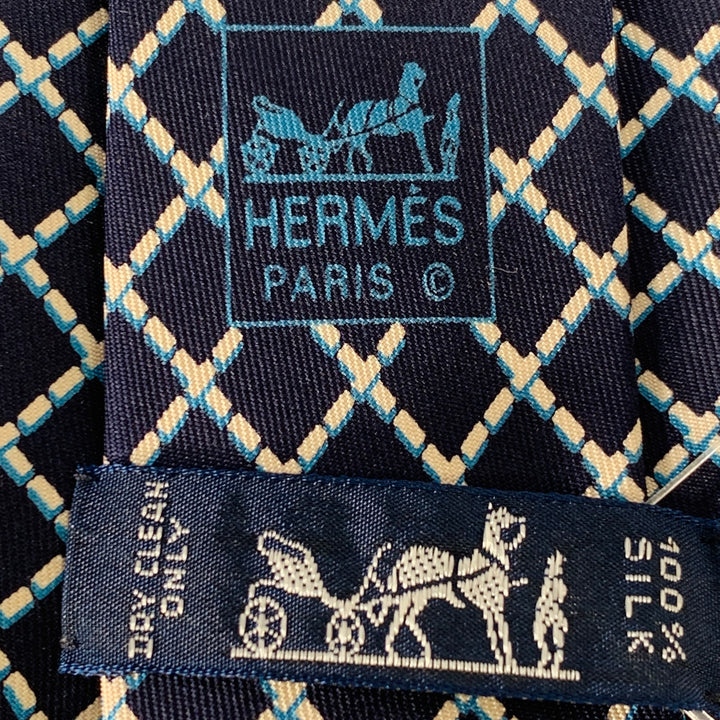 HERMES Navy White Diamond Silk Tie