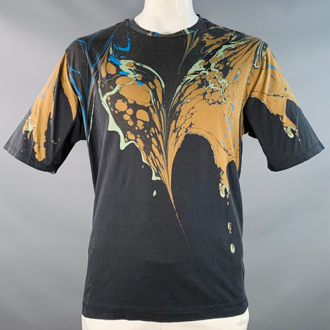 DRIES VAN NOTEN Size L Grey Orange Marble Drips Cotton Crew Neck T-shirt