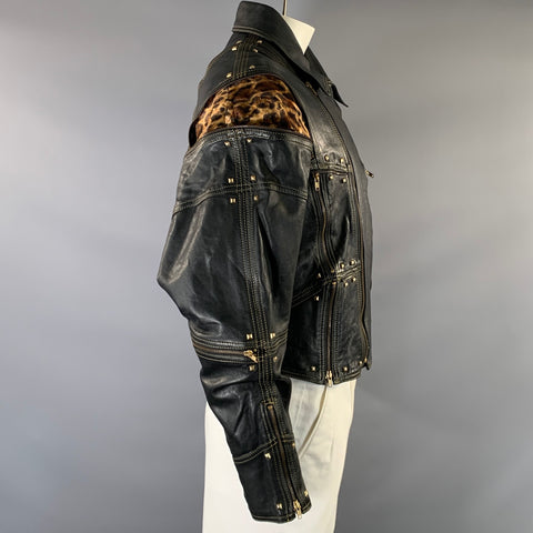 FICCE Size 40 Black Studded Leather Biker Jacket