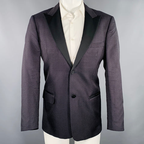 VALENTINO Size 40 Black Navy Textured Silk Peak Lapel Tuxedo Jacket
