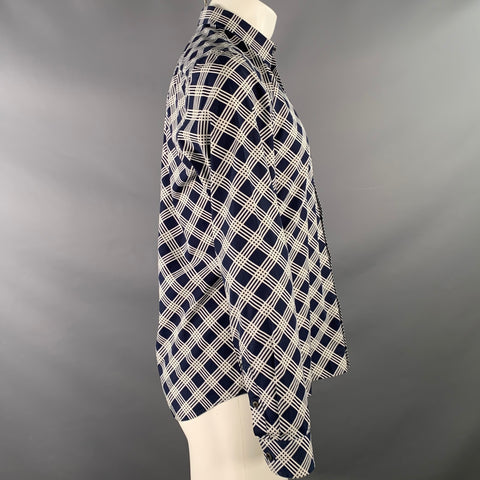 PRADA Size S Navy White Plaid Cotton Button Up Long Sleeve Shirt