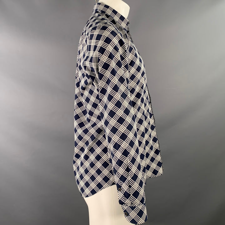 PRADA Size S Navy White Plaid Cotton Button Up Long Sleeve Shirt