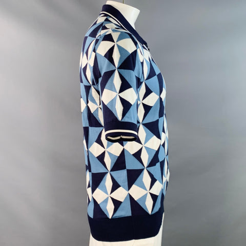 DOLCE & GABBANA Size L Blue White Graphic Geometric Silk Short Sleeve Polo