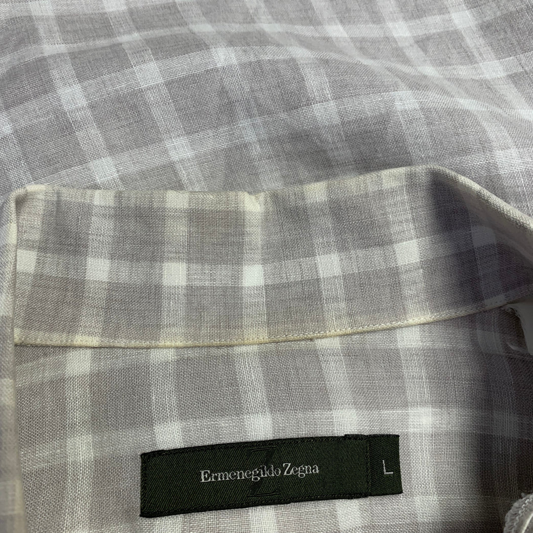 ERMENEGILDO ZEGNA Size L Grey White Plaid Linen One Pocket Short Sleeve Shirt