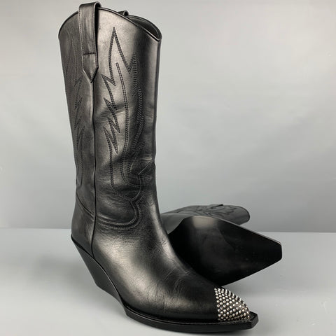CELINE Taille 8 Bottes western en cuir strass noir pour hommes