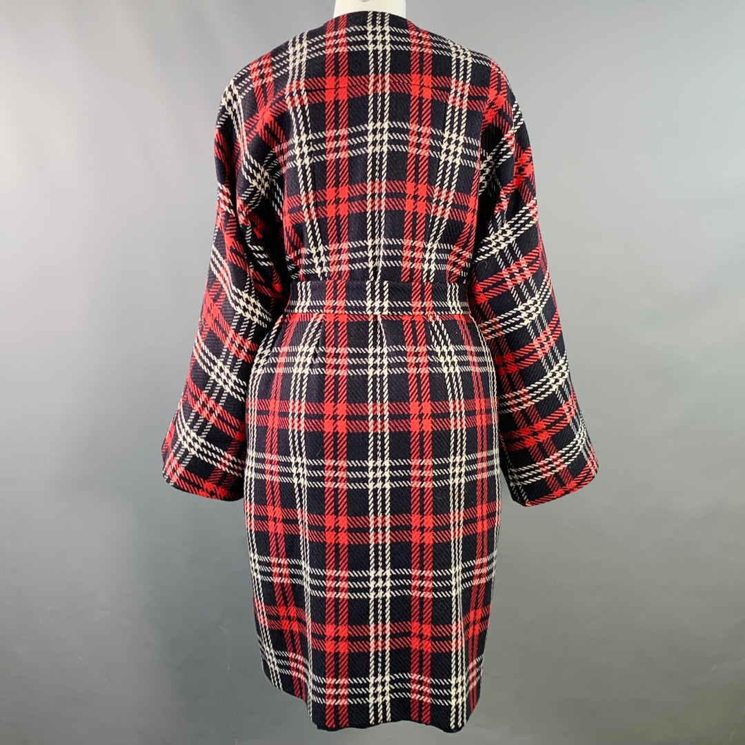 LES COPAINS Size S Black Red White Wool Plaid Collarless Belted Coat