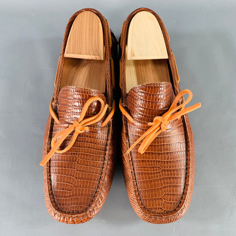 ETRO Size 8 Brown Cognac Embossed Leather Drivers Loafers