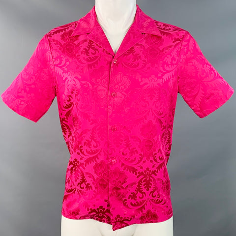 VERSACE Size S Pink Fuchsia Damask Silk Camp Short Sleeve Shirt