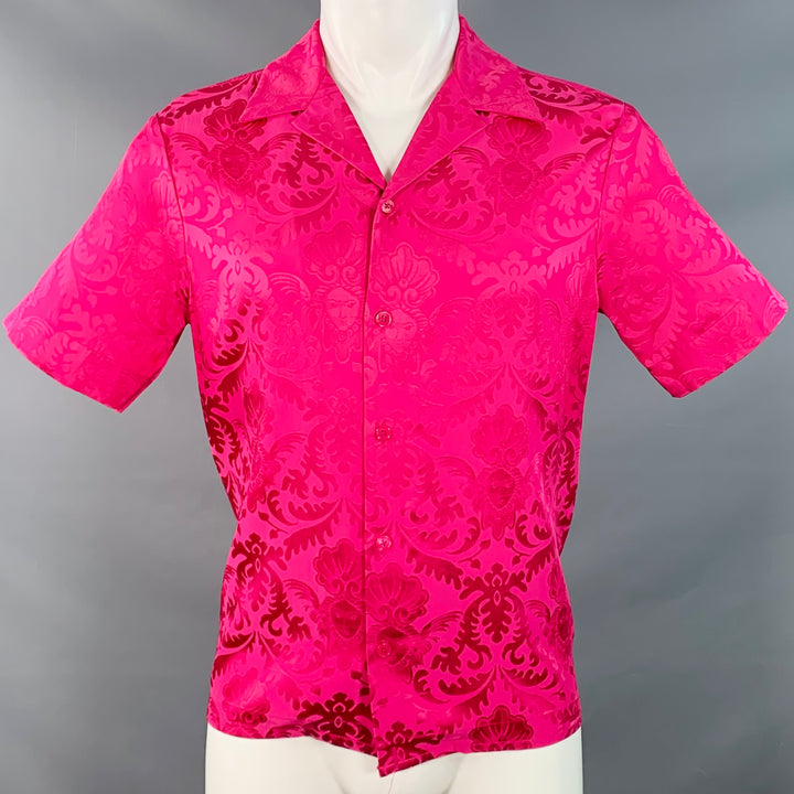 VERSACE Size S Pink Fuchsia Damask Silk Camp Short Sleeve Shirt