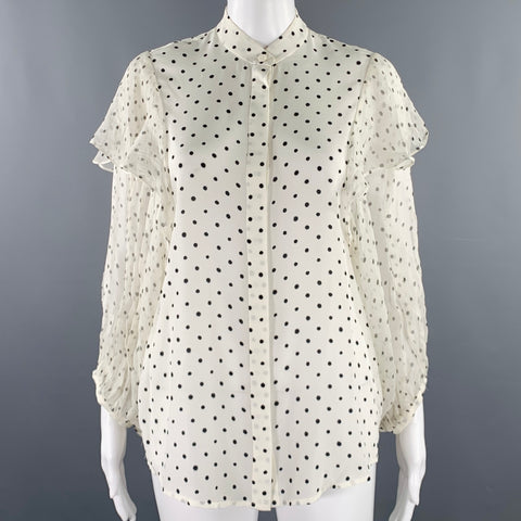 SALONI Size 2 White Black Silk Polka Dot Balloon Blouse