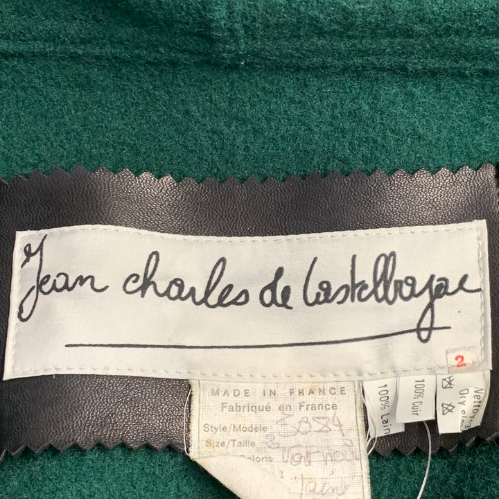 JEAN CHARLES DE CASTELBAJAC Size 2 Green Black Wool Leather Fringe Hooded Coat