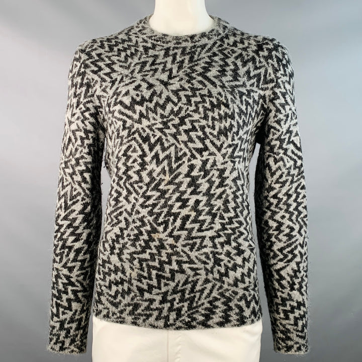 SAINT LAURENT 2019 Size L Grey Black Zig Zag Wool Blend Crew Neck Sweater