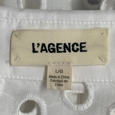L'AGENCE Size L White Cotton Eyelet Spread Collar Button Up Shirt