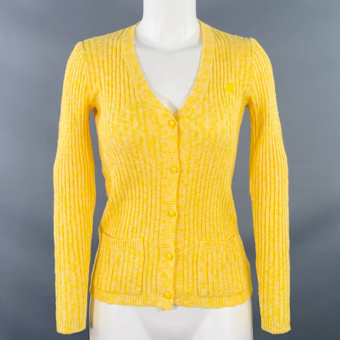 COURREGES Vintage Size XS Yellow Acrylic Blend Rib Knit V-Neck Cardigan