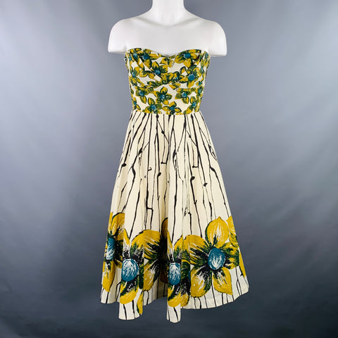 GIRLS FROM SAVOY Size 0 Cream Yellow Cotton Floral Halter Knee Length Dress