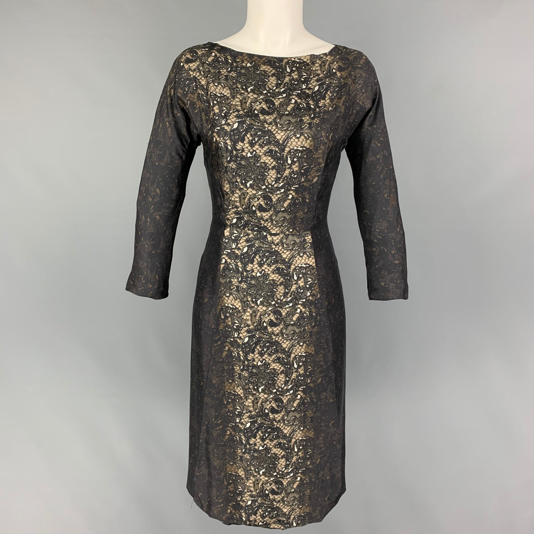 PRADA Size 2 Black Brown Silk Lace Print 3/4 Sleeves Dress PRADA Size 2 Black Brown Silk Lace Print 3/4 Sleeves Dress
