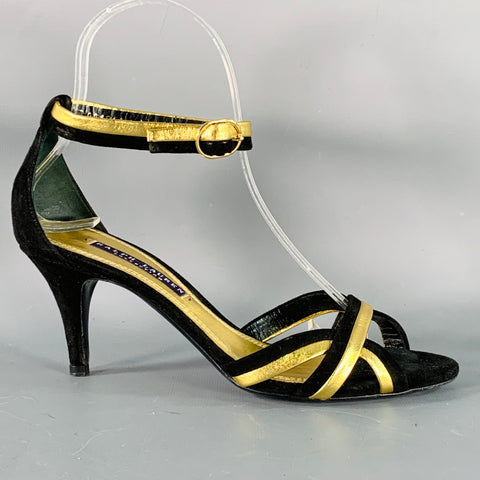 RALPH LAUREN COLLECTION Size 6 Black Metallic Gold Suede Leather Strappy Ankle Strap Sandals