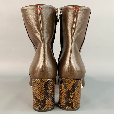 AEYDE Size 10 Brown Leather Snakeskin Chunky Heel Side Zipper Ankle Boots