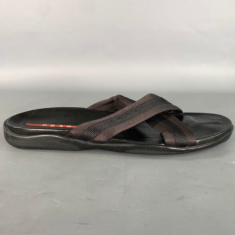 PRADA Size 10 Black Mixed Fabrics Leather Canvas Flip flops Sandals