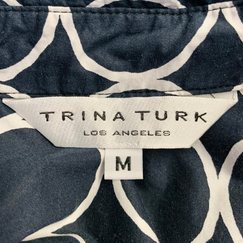 TRINA TURK Size M Navy White Circles Cotton Blend Short Sleeve Shirt