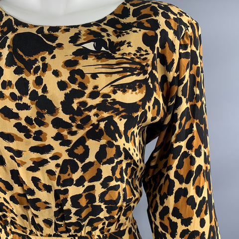 YVES SAINT LAURENT Size 4 Tan Black Silk Leopard Knee-Length Dress
