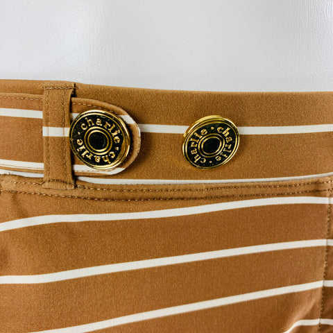 CHARLIE Size S Brown White Stripe Polyester Blend Gold Buttons Swim Trunks