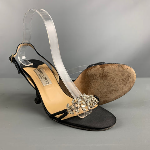 JIMMY CHOO Size 8.5 Black Satin Embellishment Slingback Sandals