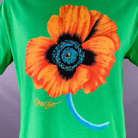 KENZO Size L Green Orange Poppy Graphic Cotton Crew Neck T-shirt
