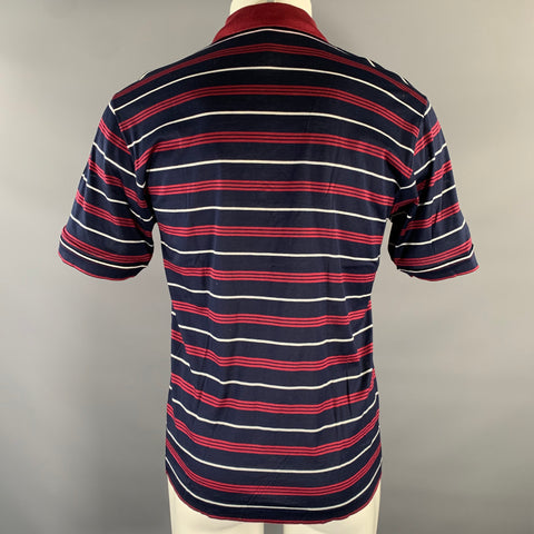 LANVIN Size M Navy Burgundy White Horizontal Stripe Cotton Polo