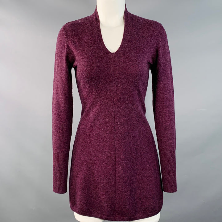 FORTE Size XS Purple Maroon Melange Cashmere V-Neck Mini Sweater Dress