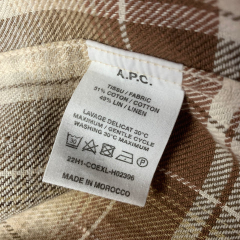 APC Size M Brown Beige Plaid Cotton Linen Button Up Long Sleeve Shirt