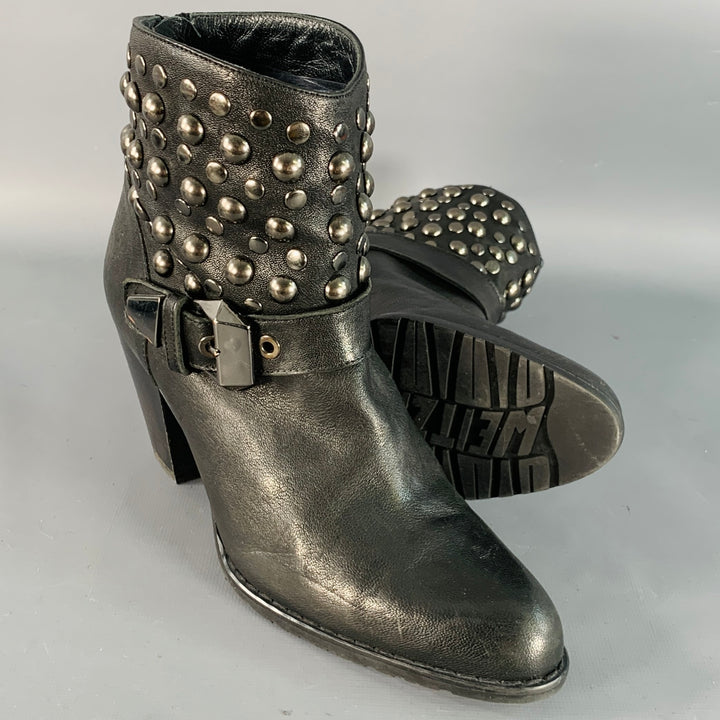STUART WEITZMAN Size 7 Black Leather Studded Zip Belted Ankle Booties