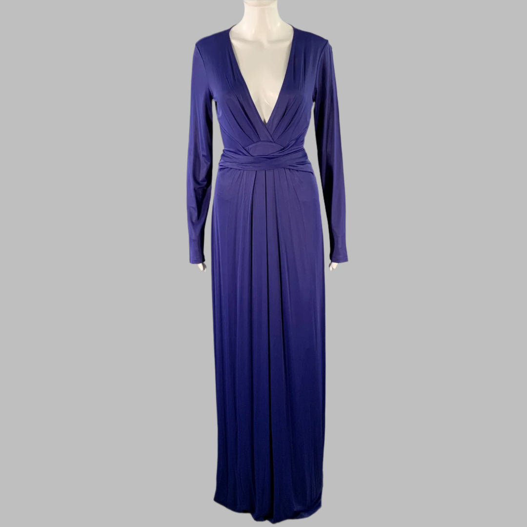 BCBG Size M Blue Polyester Blend Deep V-Neck Long Sleeve Maxi Dress