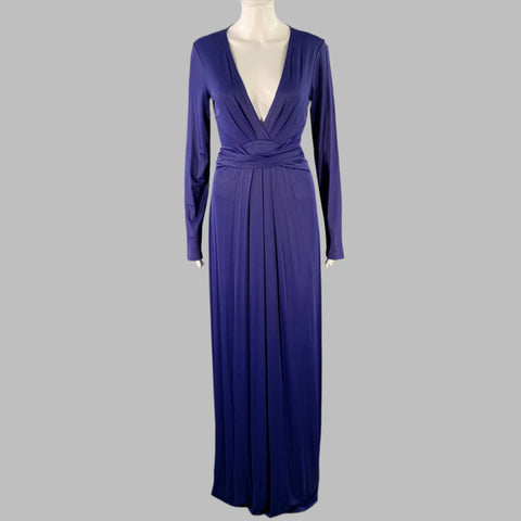 BCBG Size M Blue Polyester Blend Deep V-Neck Long Sleeve Maxi Dress
