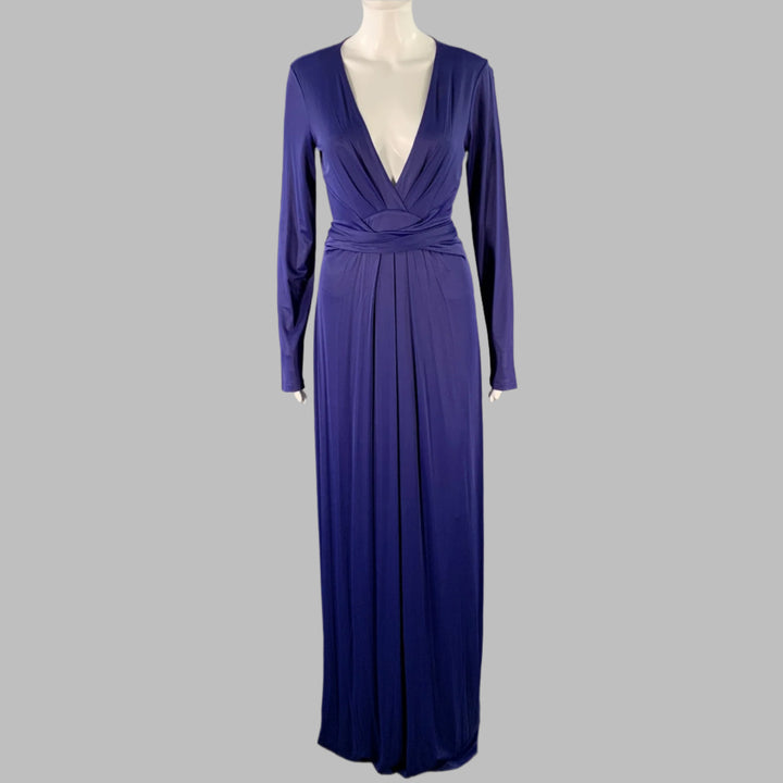 BCBG Size M Blue Polyester Blend Deep V-Neck Long Sleeve Maxi Dress
