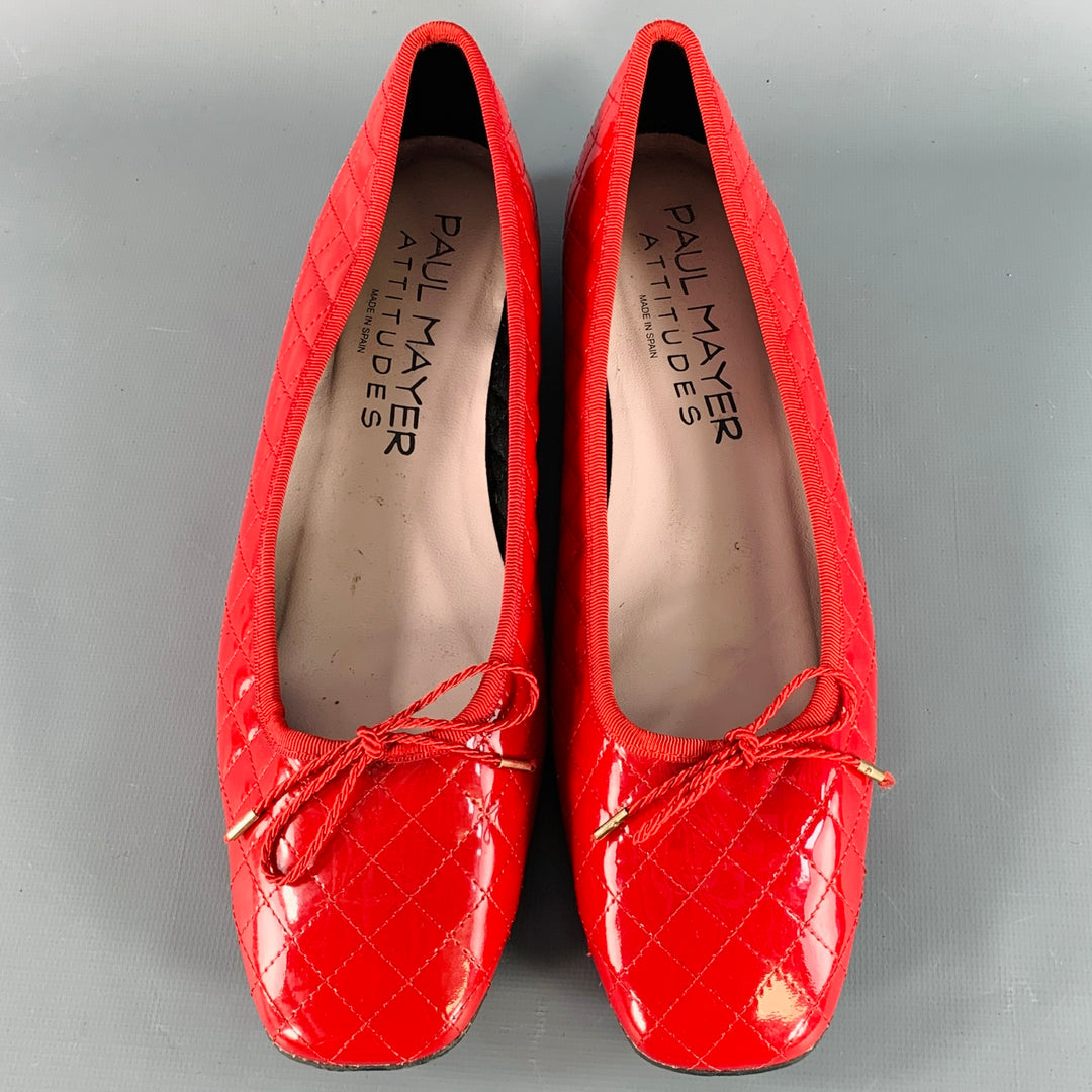 PAUL MAYER Size 9 Red Patent Leather Quilted Bow Flats