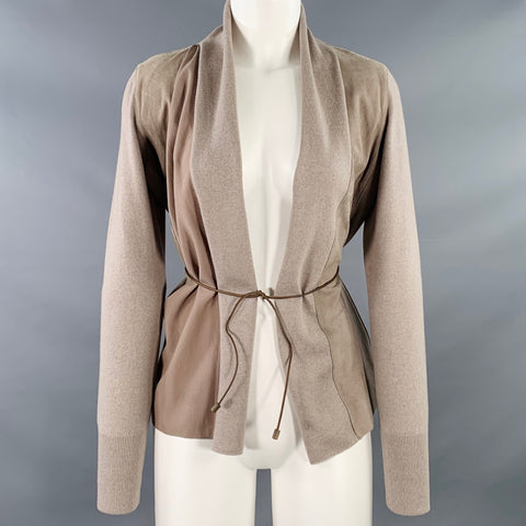 FABIANA FILIPPI Size S Brown Taupe Virgin Wool Blend Suede Mixed Fabrics Belted Cardigan