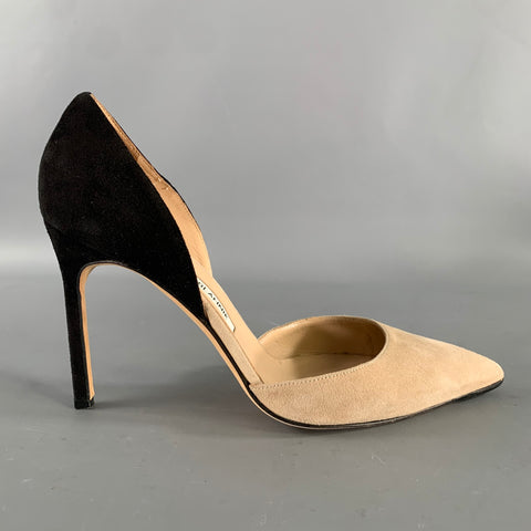 MANOLO BLAHNIK Size 9.5 Tan Black Suede Two Tone Suede Pointed Toe Pumps