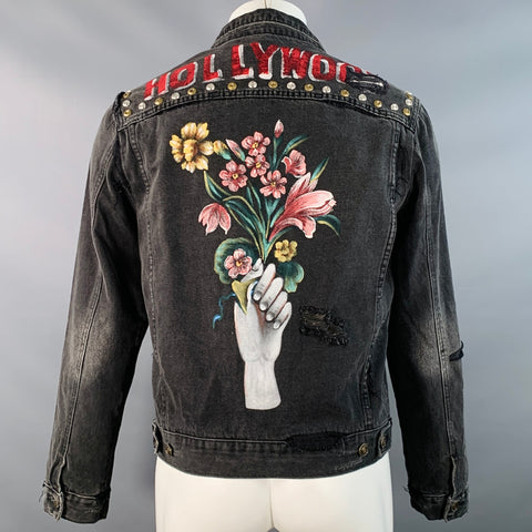 GUCCI Size M Hollywood Grey Painted Cotton Distressed Studded Denim Jacket