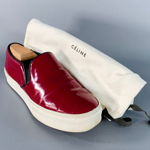 CELINE Size 8.5 Burgundy White Patent Leather Slip On Sneakers