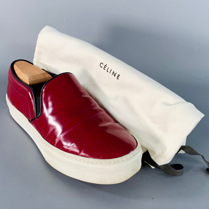 CELINE Size 8.5 Burgundy White Patent Leather Slip On Sneakers
