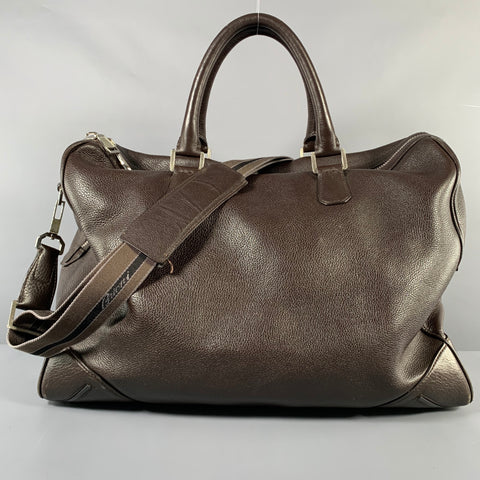BRIONI Brown Pebble Grain Leather Duffle Bags