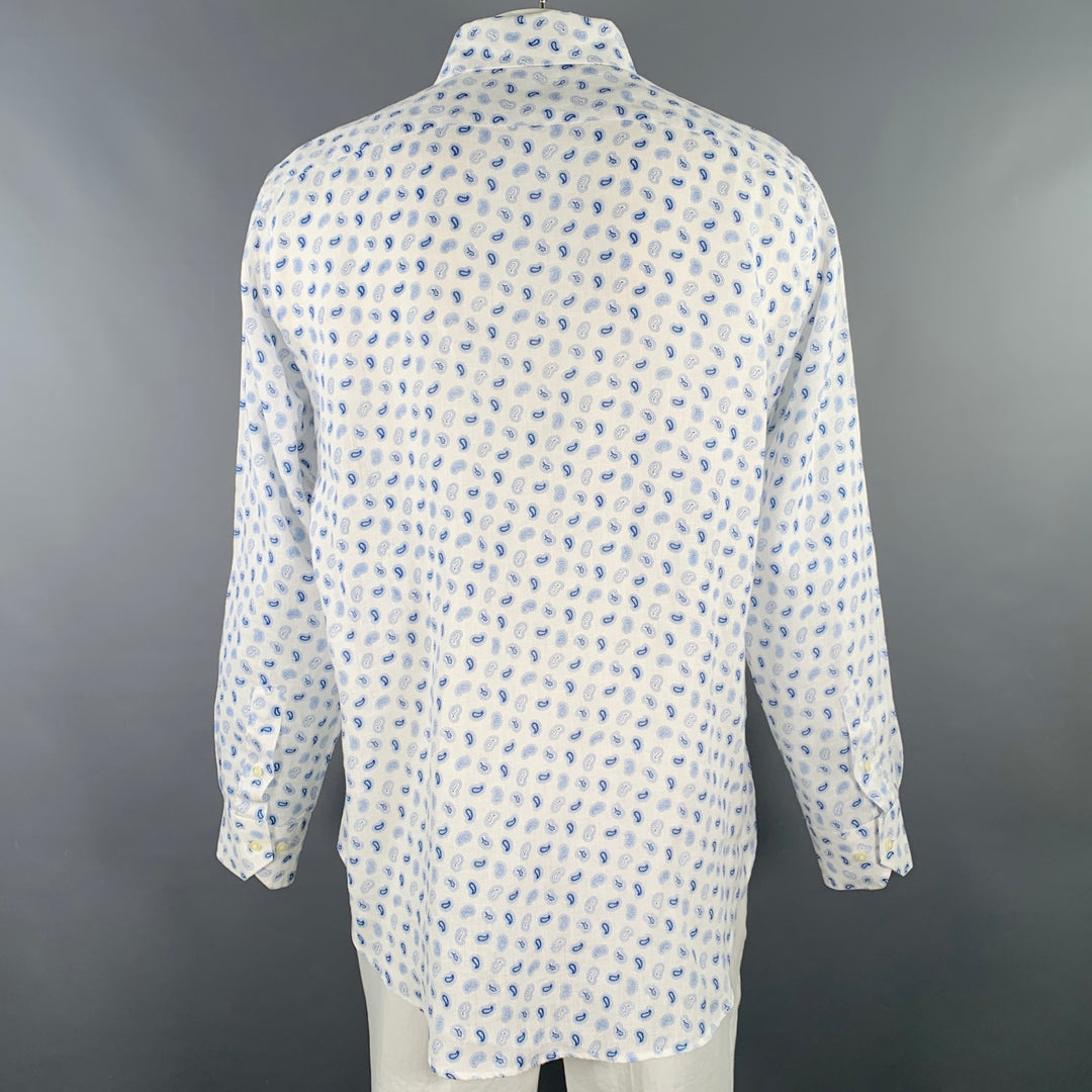 ETRO Size XXL White Blue Paisley Linen Curved Cutaway Long Sleeve Shirt