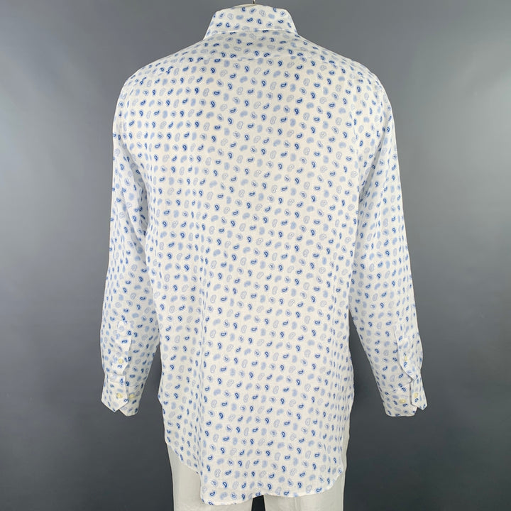 ETRO Size XXL White Blue Paisley Linen Curved Cutaway Long Sleeve Shirt