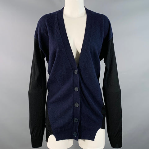 STELLA McCARTNEY Size 8 Navy Black Virgin Wool Two Tone V-Neck Cardigan