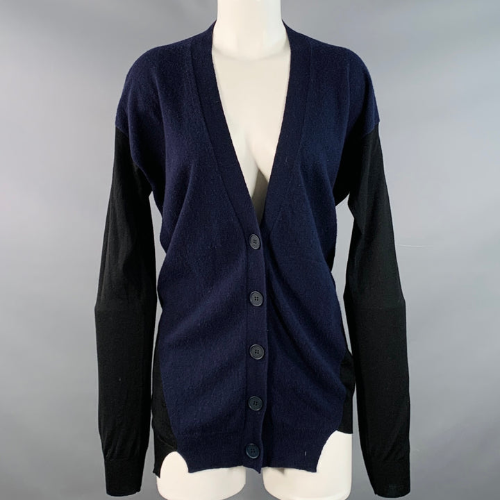 STELLA McCARTNEY Size 8 Navy Black Virgin Wool Two Tone V-Neck Cardigan