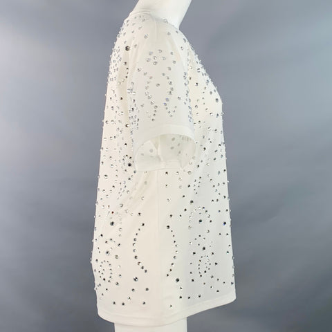 CYNTHIA ROWLEY Size M White Polyester Blend Mesh Rhinestone Studded Crew Neck T-Shirt
