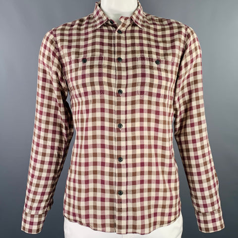 ALBAM Size L Burgundy Brown Checkered Cotton Wool Long Sleeve Shirt