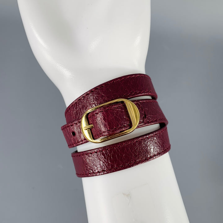 BALENCIAGA Burgundy Gold Studded Leather Bracelet